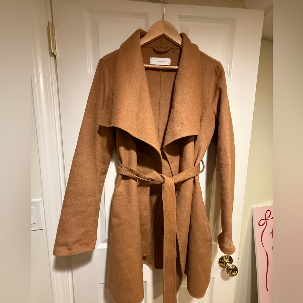 T. Tahari double-face wool blend belted wrap coat in camel